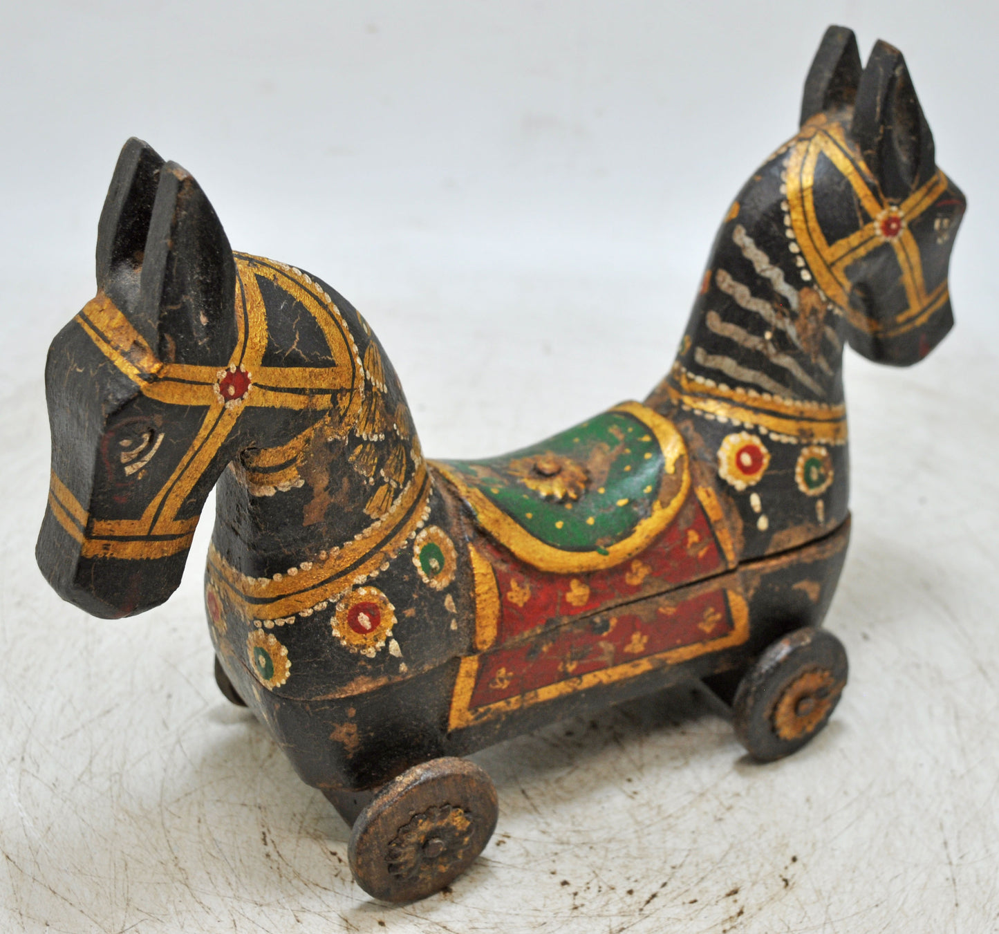 Vintage Wooden Horse on Wheels Figurine Spice Box Original Old Fine Carved Painted