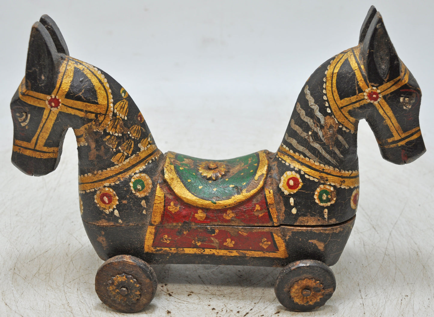 Vintage Wooden Horse on Wheels Figurine Spice Box Original Old Fine Carved Painted