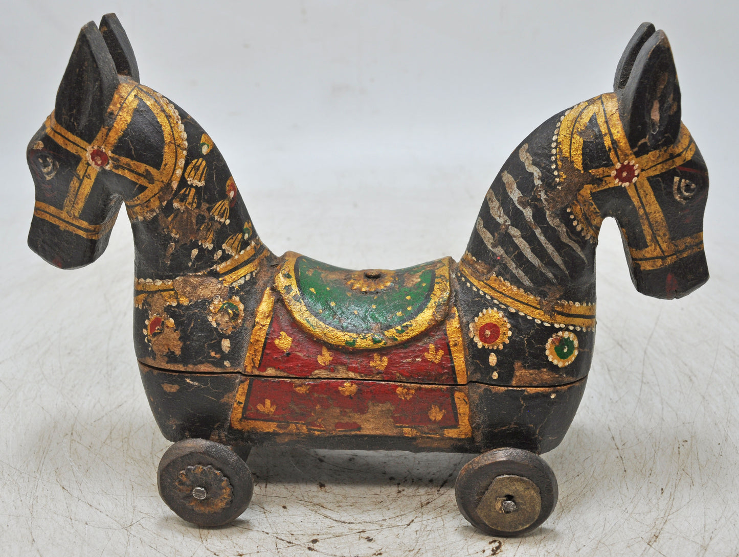 Vintage Wooden Horse on Wheels Figurine Spice Box Original Old Fine Carved Painted