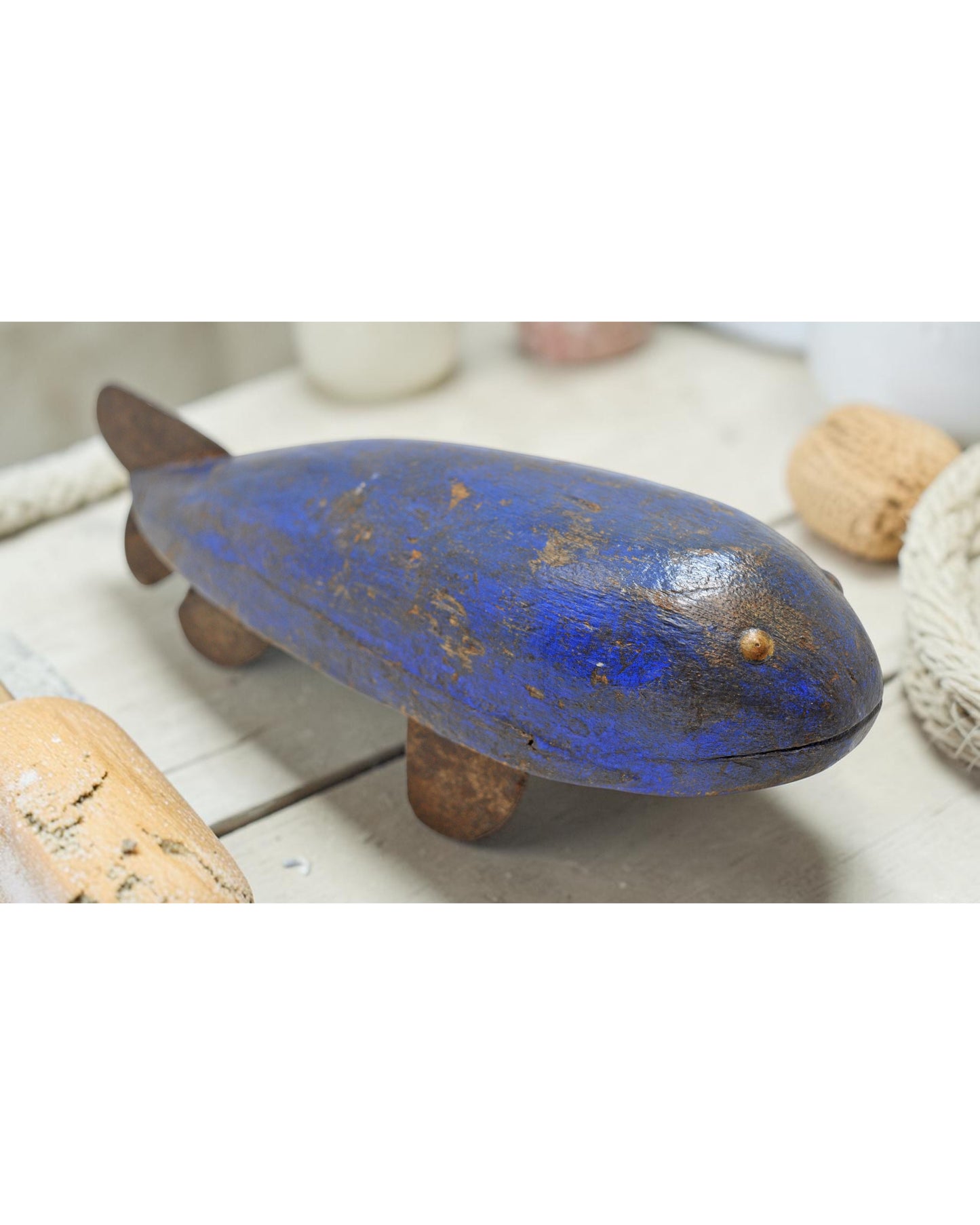 Vintage Wooden Whale Fish Figurine Original Old Hand Carved Painted