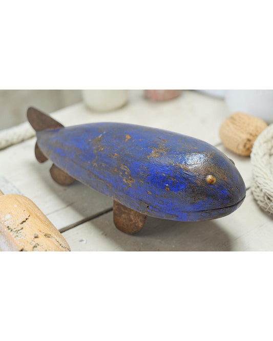Vintage Wooden Whale Fish Figurine Original Old Hand Carved Painted