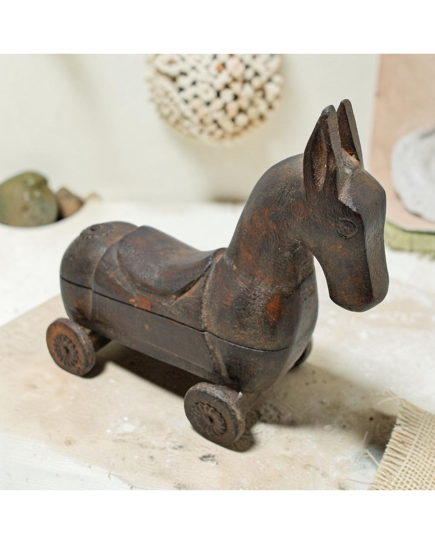 Vintage Wooden Horse on Wheels Figurine Spice Box Original Old Hand Carved