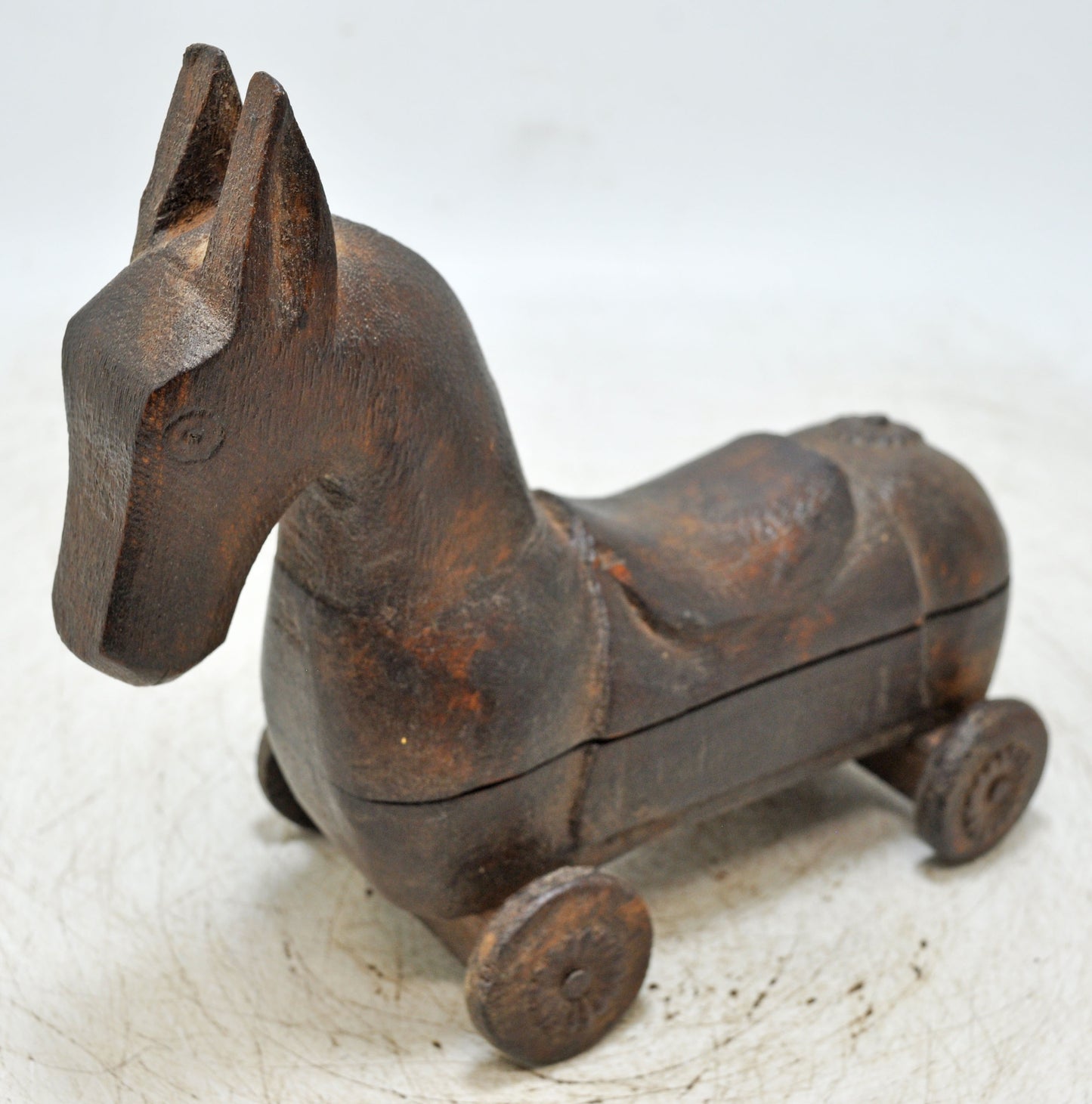 Vintage Wooden Horse on Wheels Figurine Spice Box Original Old Hand Carved