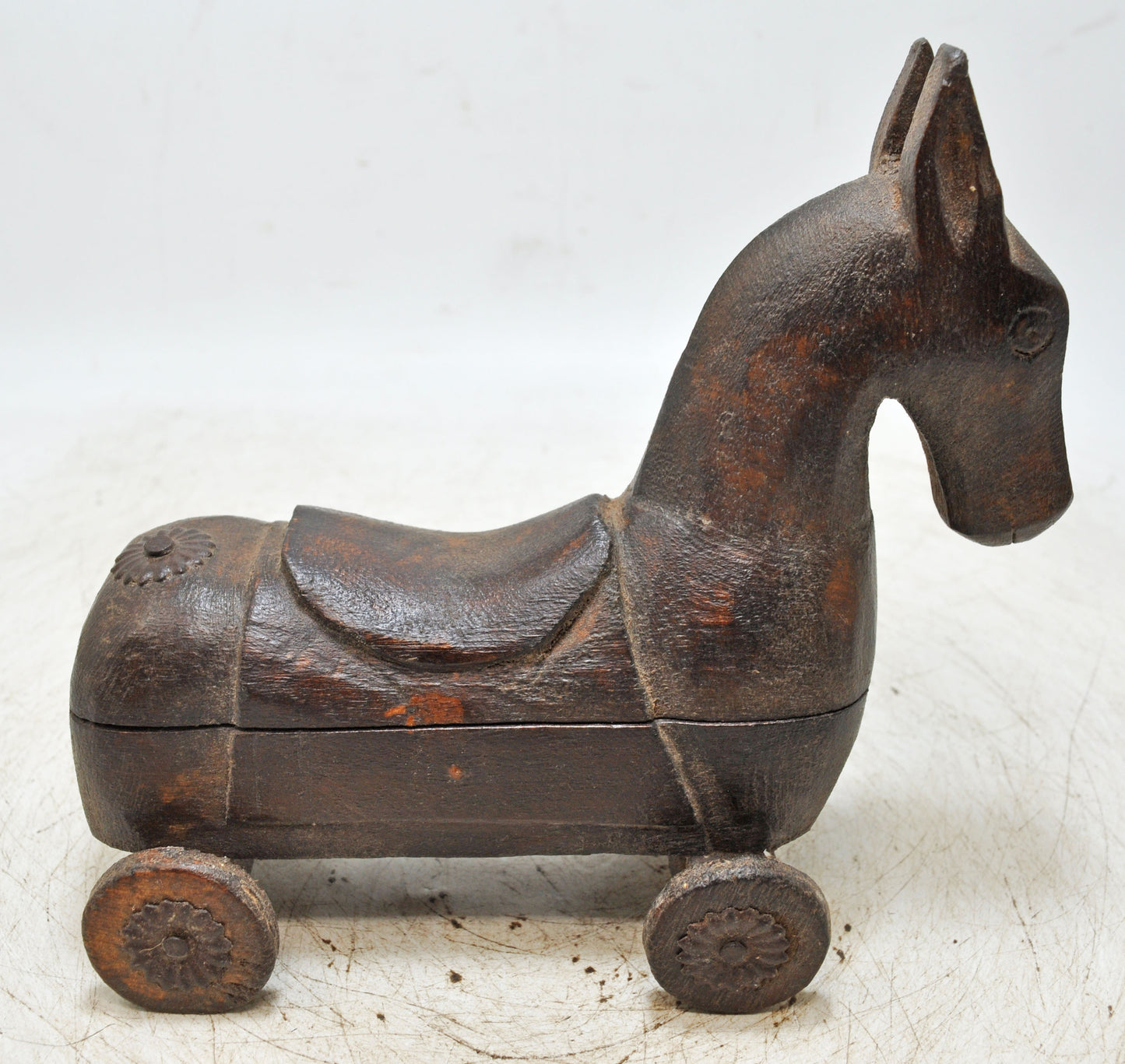 Vintage Wooden Horse on Wheels Figurine Spice Box Original Old Hand Carved