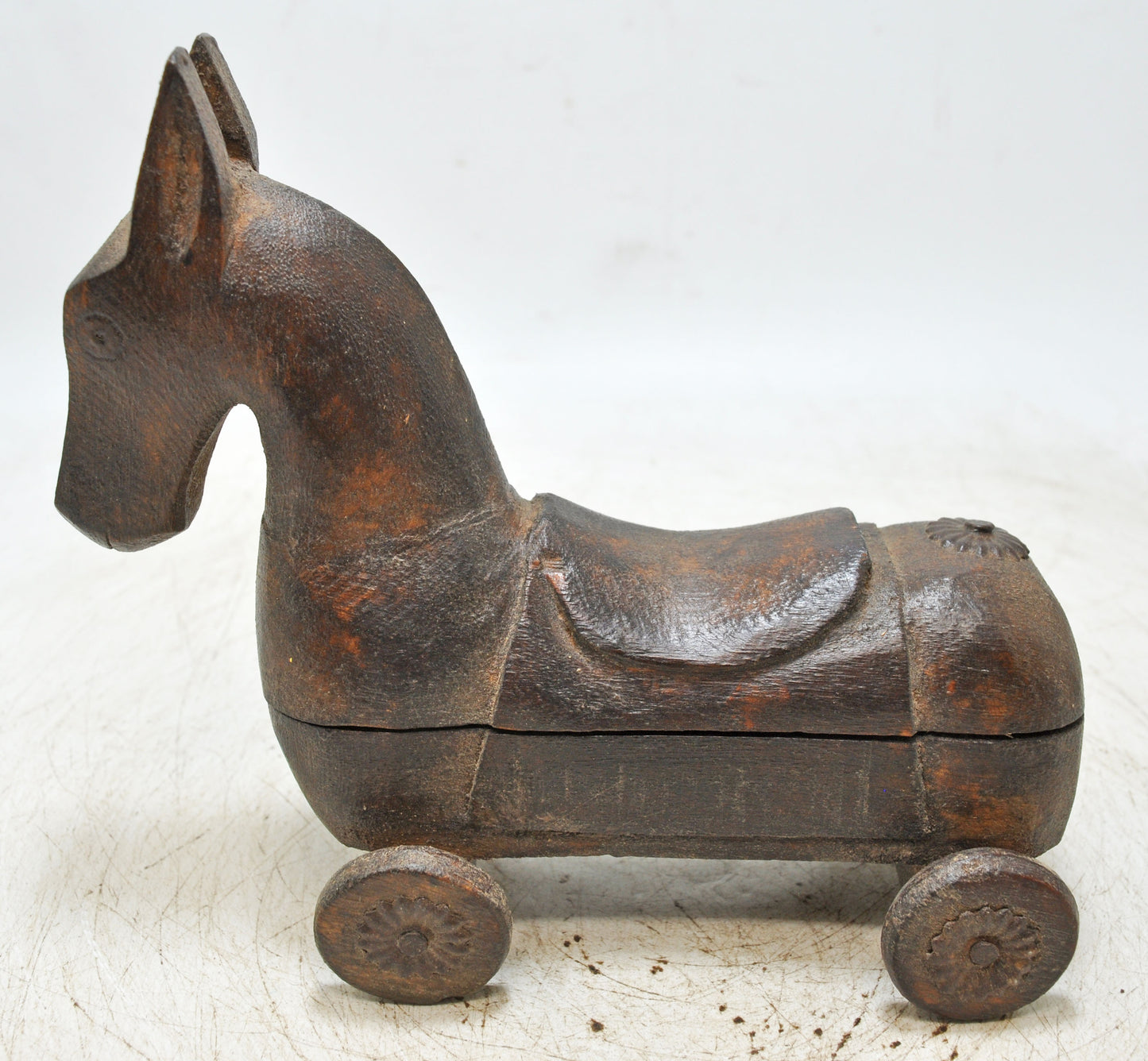 Vintage Wooden Horse on Wheels Figurine Spice Box Original Old Hand Carved