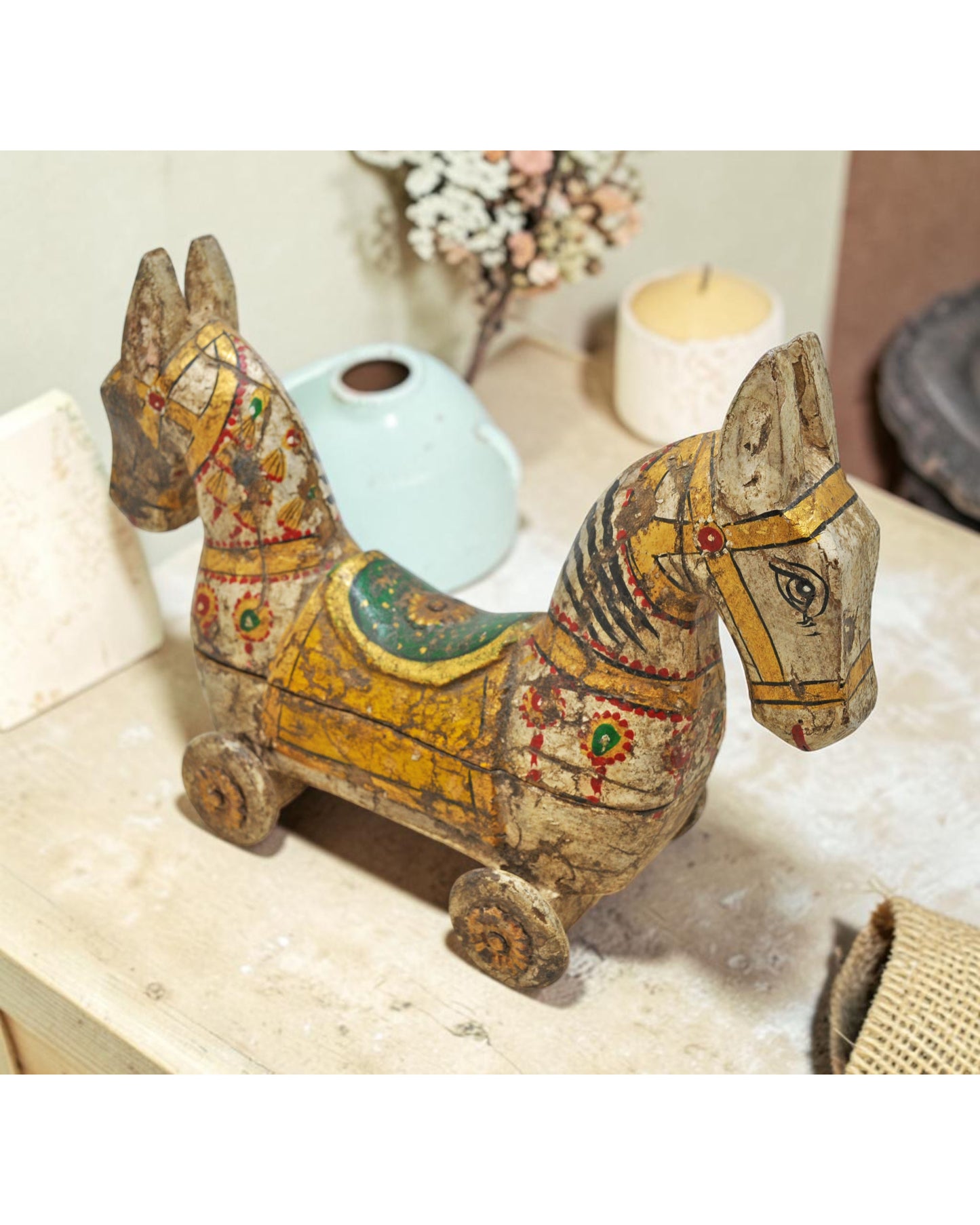 Hand Carved Wooden Horse on Wheels Figurine Spice Box Rustic Hand Painted