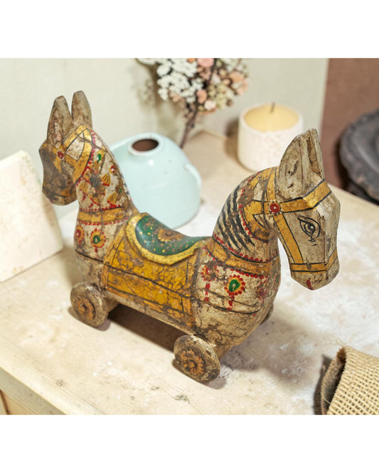 Hand Carved Wooden Horse on Wheels Figurine Spice Box Rustic Hand Painted