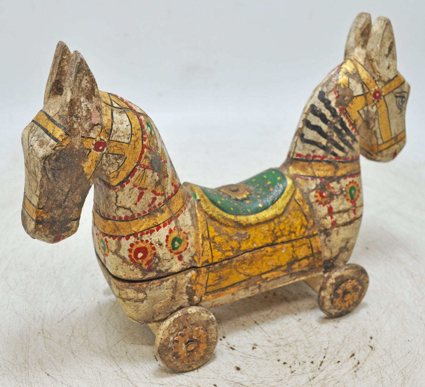 Hand Carved Wooden Horse on Wheels Figurine Spice Box Rustic Hand Painted