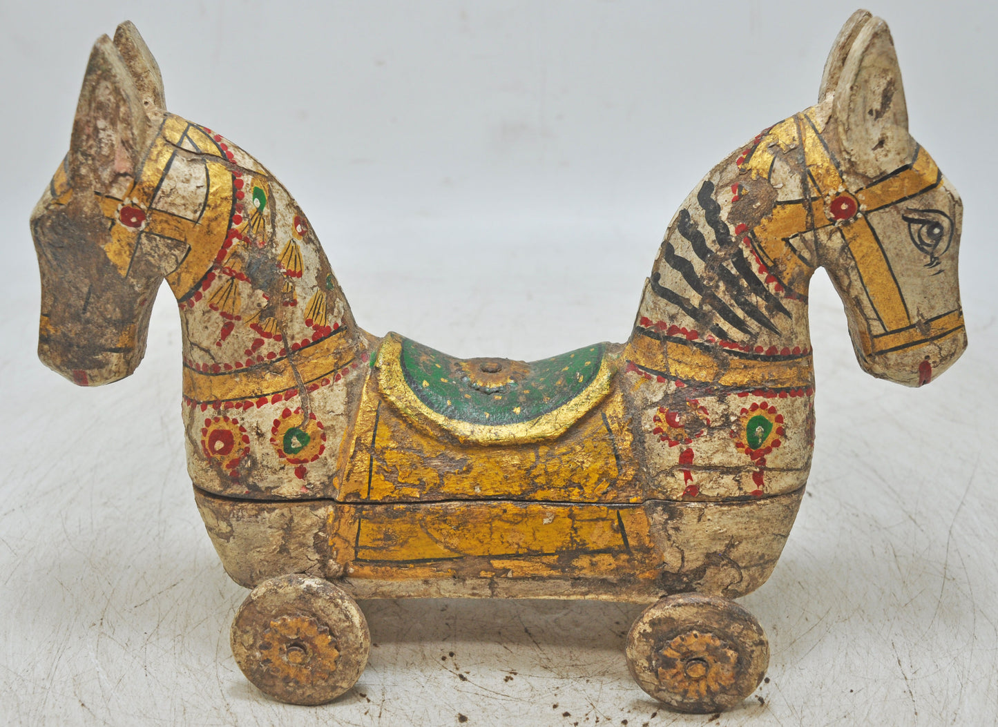 Hand Carved Wooden Horse on Wheels Figurine Spice Box Rustic Hand Painted