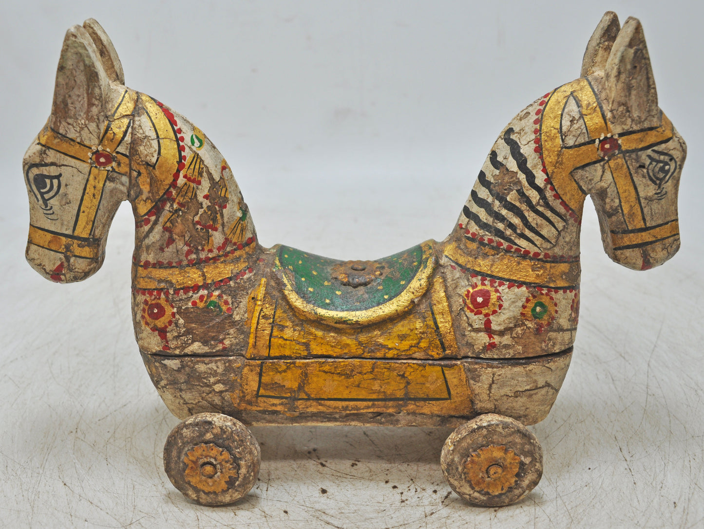 Hand Carved Wooden Horse on Wheels Figurine Spice Box Rustic Hand Painted