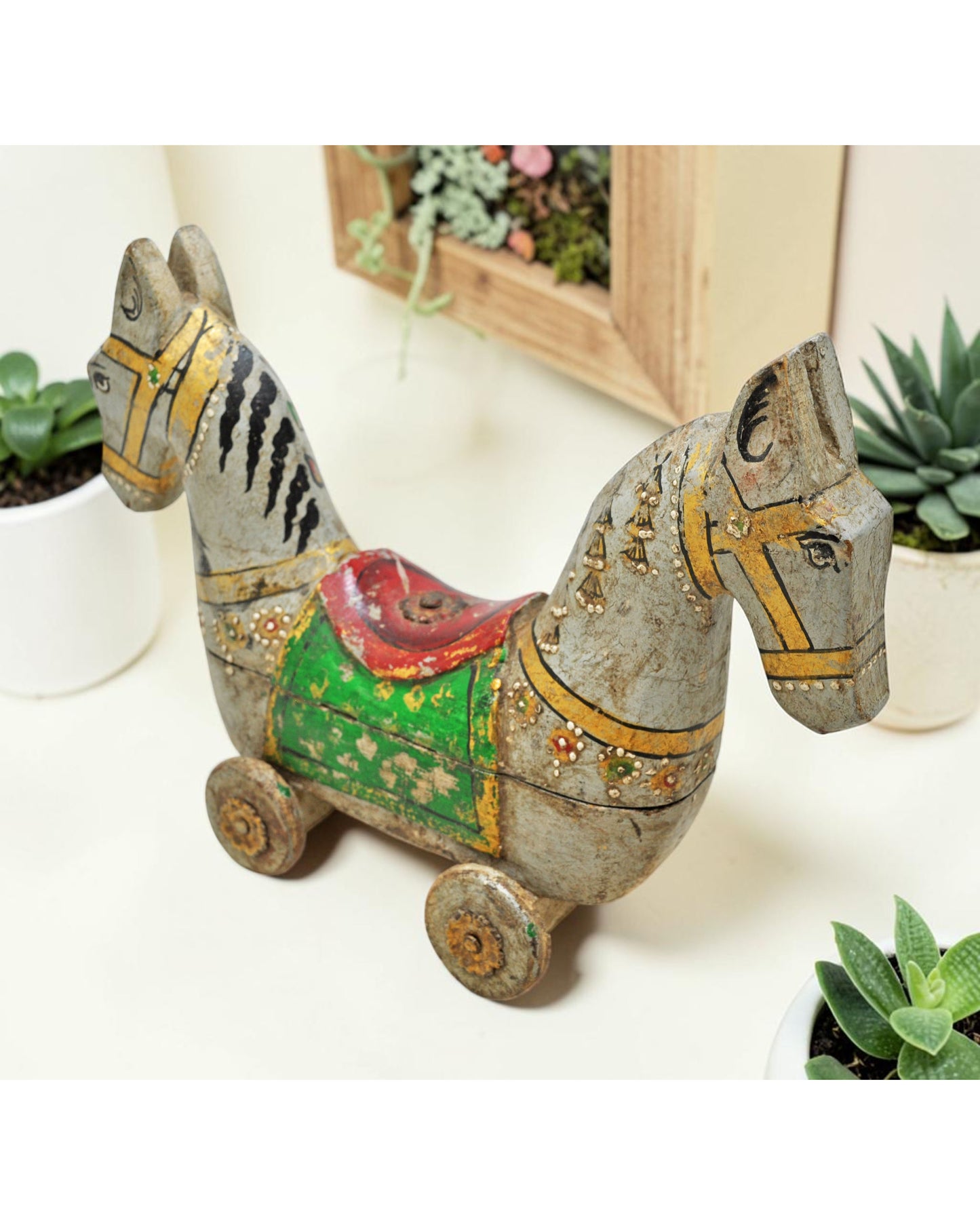 Hand Carved Wooden Horse on Wheels Figurine Spice Box Rustic Hand Painted