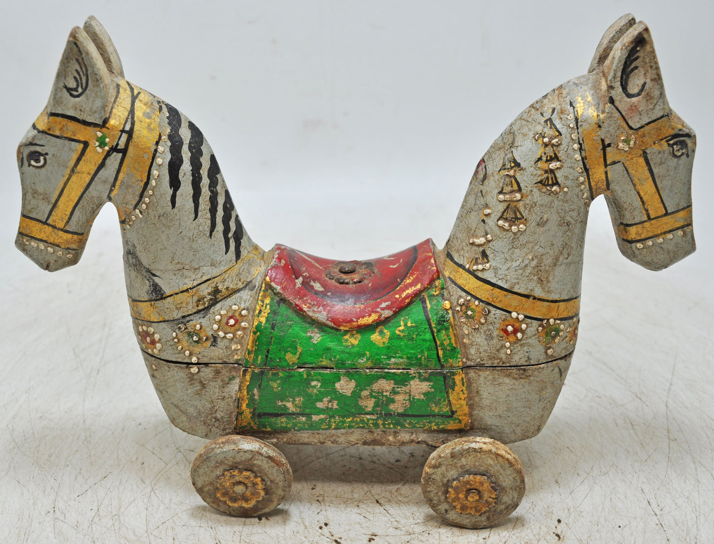 Hand Carved Wooden Horse on Wheels Figurine Spice Box Rustic Hand Painted