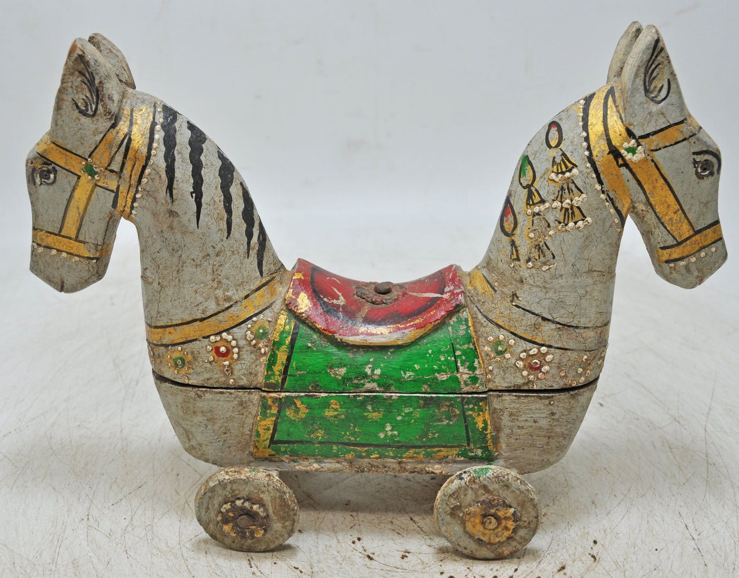 Hand Carved Wooden Horse on Wheels Figurine Spice Box Rustic Hand Painted