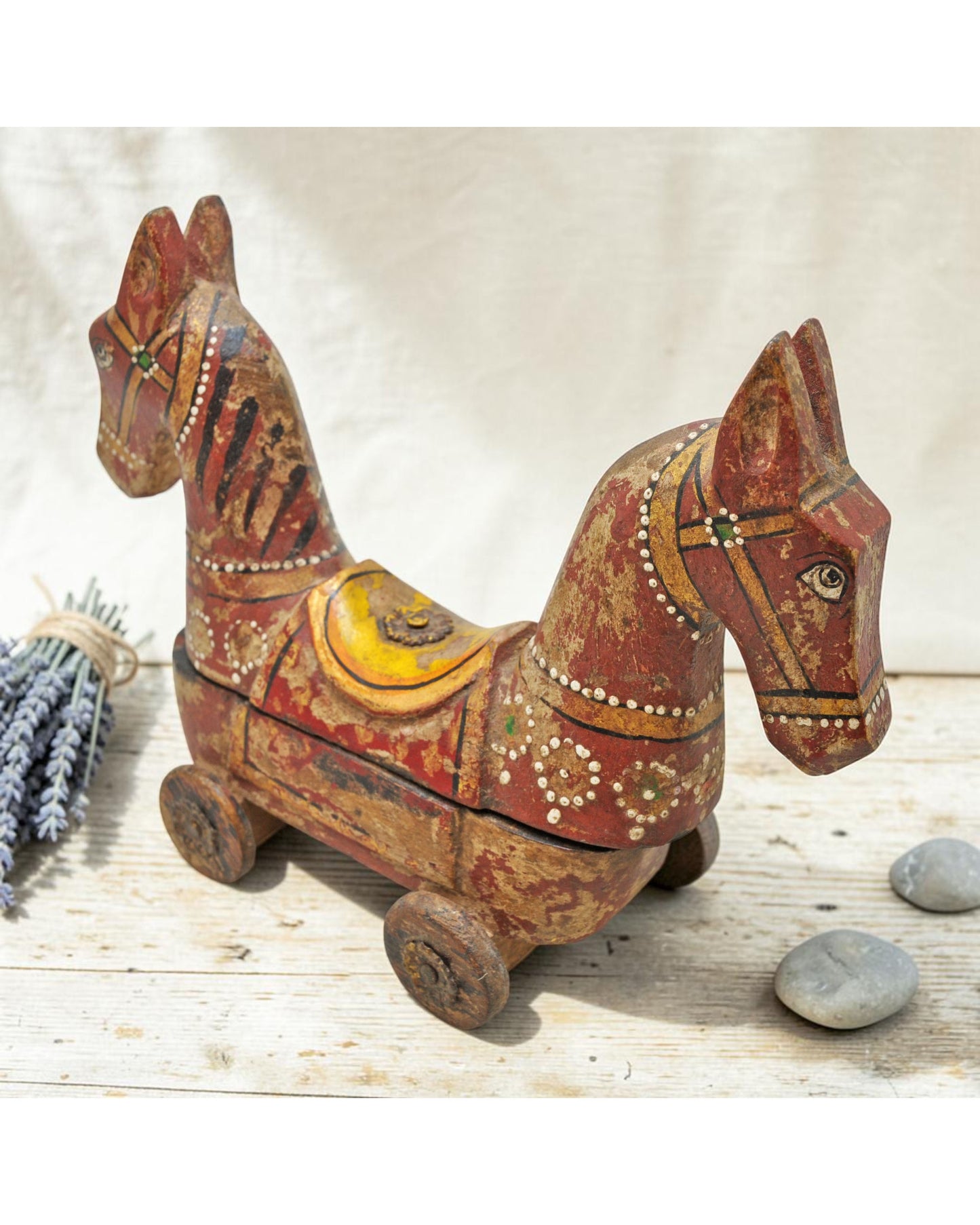 Hand Carved Wooden Horse on Wheels Figurine Spice Box Rustic Hand Painted