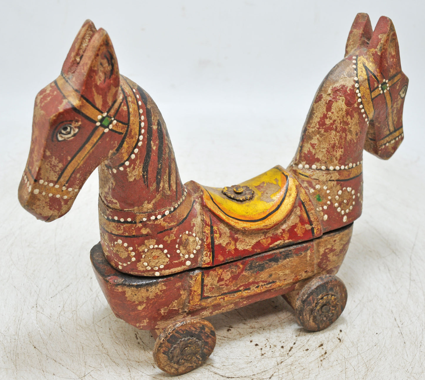 Hand Carved Wooden Horse on Wheels Figurine Spice Box Rustic Hand Painted