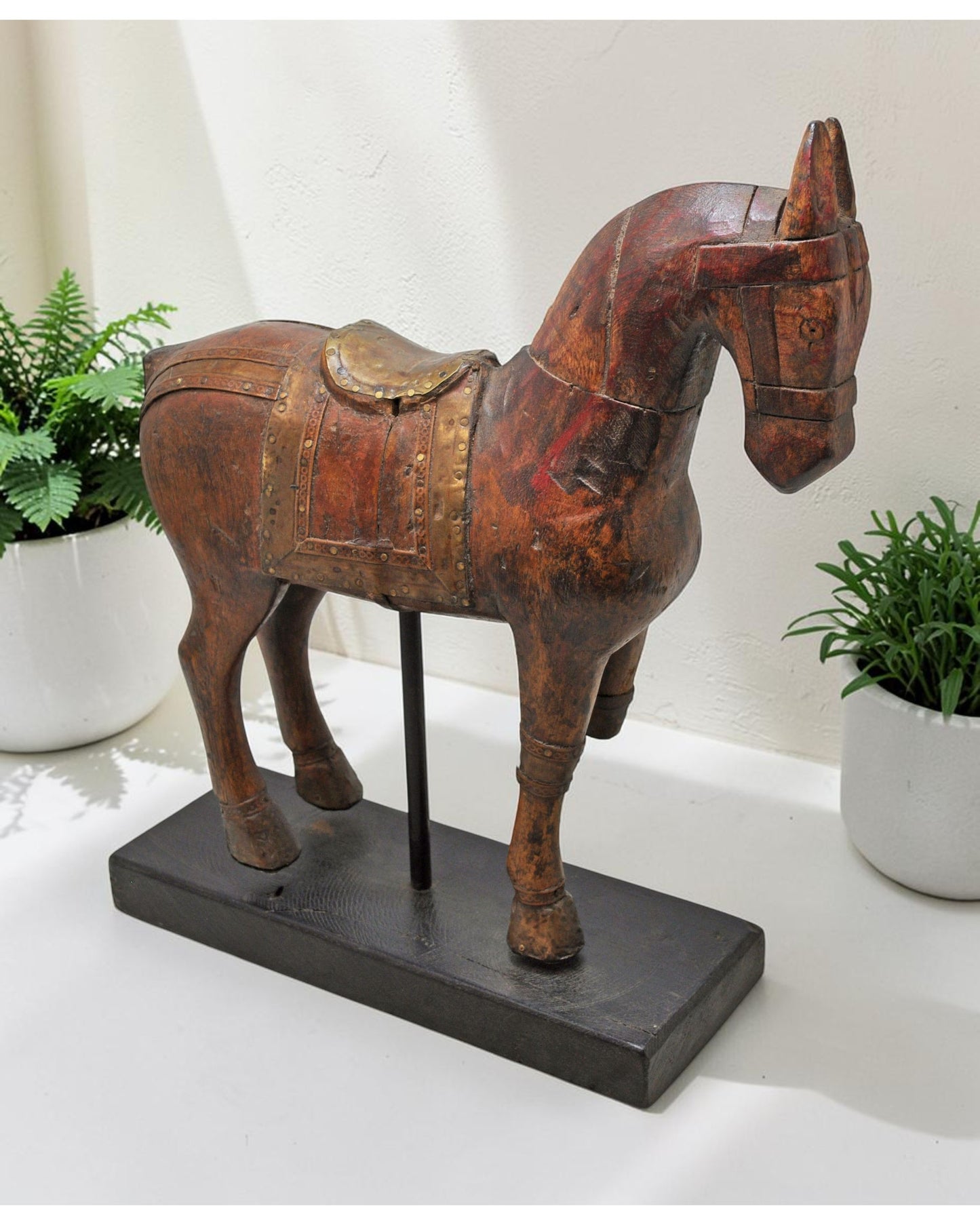 Vintage Wooden Horse Figurine on Stand Original Old Hand Carved