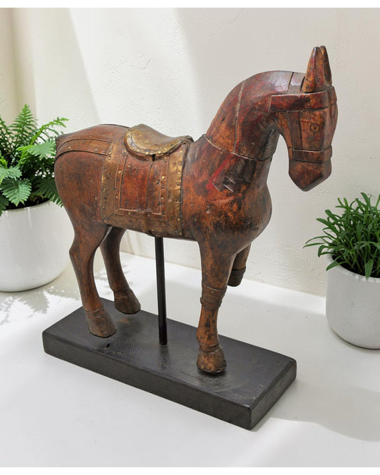 Vintage Wooden Horse Figurine on Stand Original Old Hand Carved