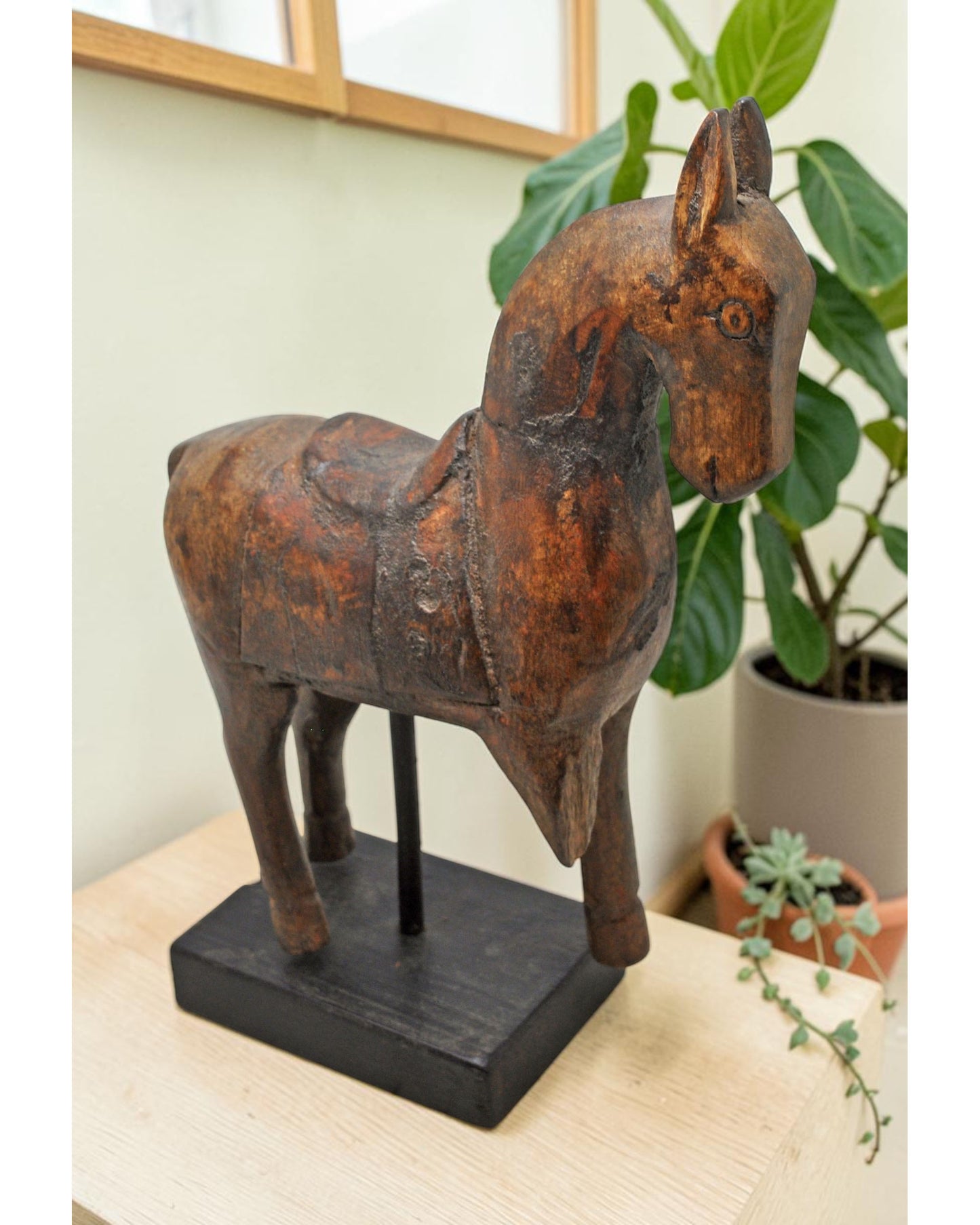Vintage Wooden Horse Figurine on Stand Original Old Hand Carved