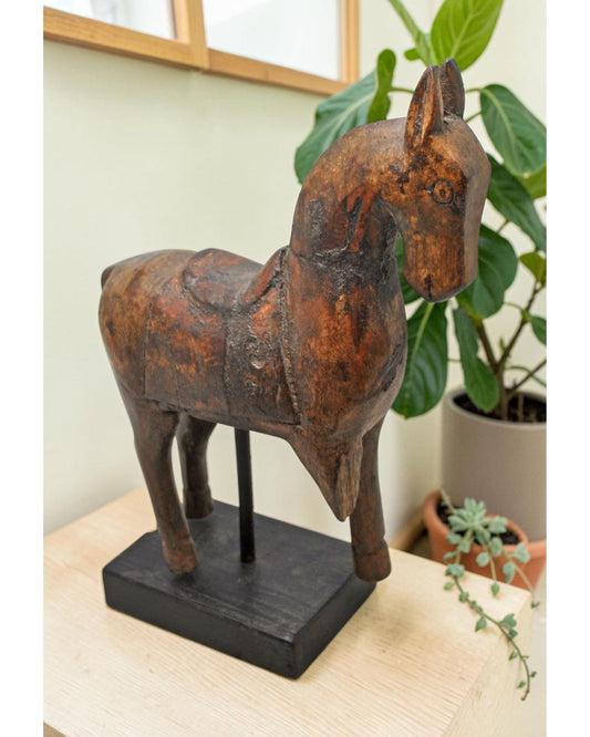 Vintage Wooden Horse Figurine on Stand Original Old Hand Carved