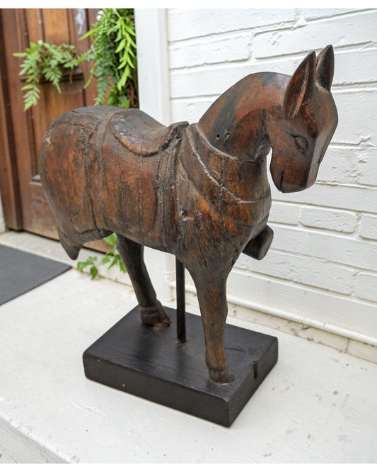 Vintage Wooden Horse Figurine on Stand Original Old Hand Carved