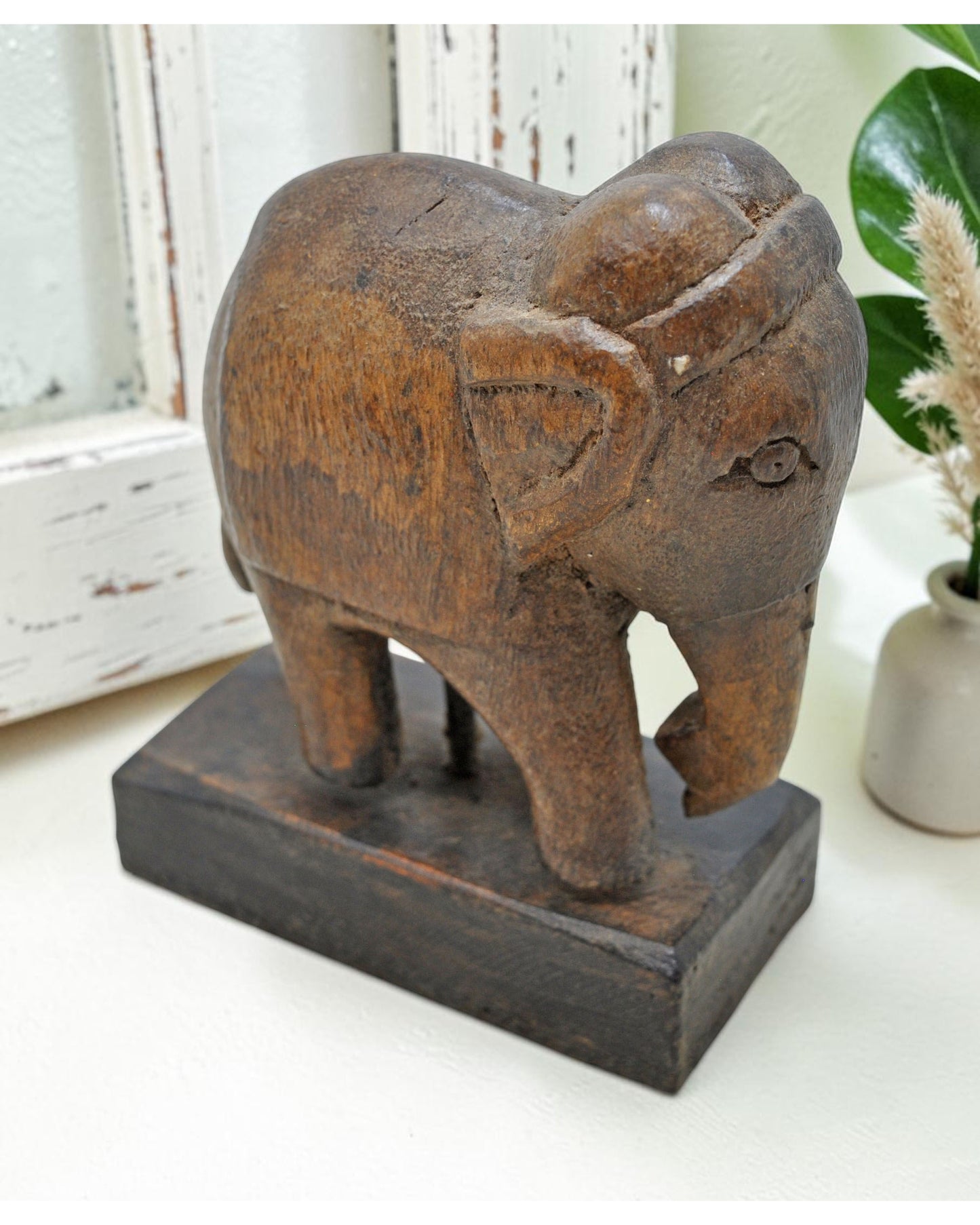 Vintage Wooden Elephant Figurine Original Old Hand Carved