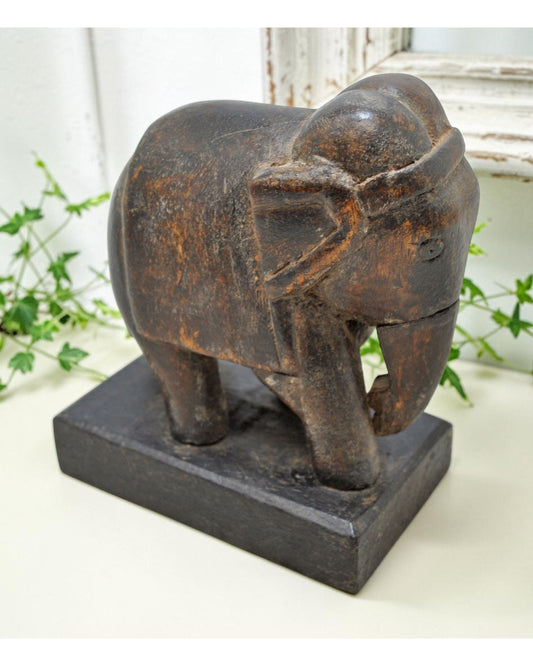 Vintage Wooden Elephant Figurine Original Old Hand Carved