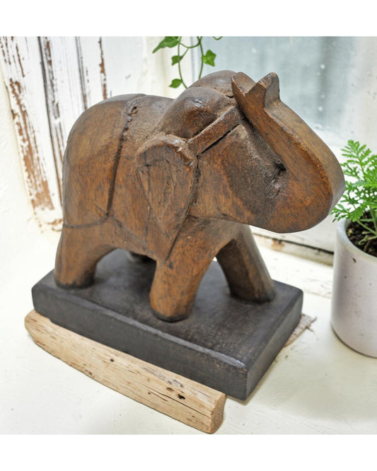 Vintage Wooden Elephant Figurine Original Old Hand Carved