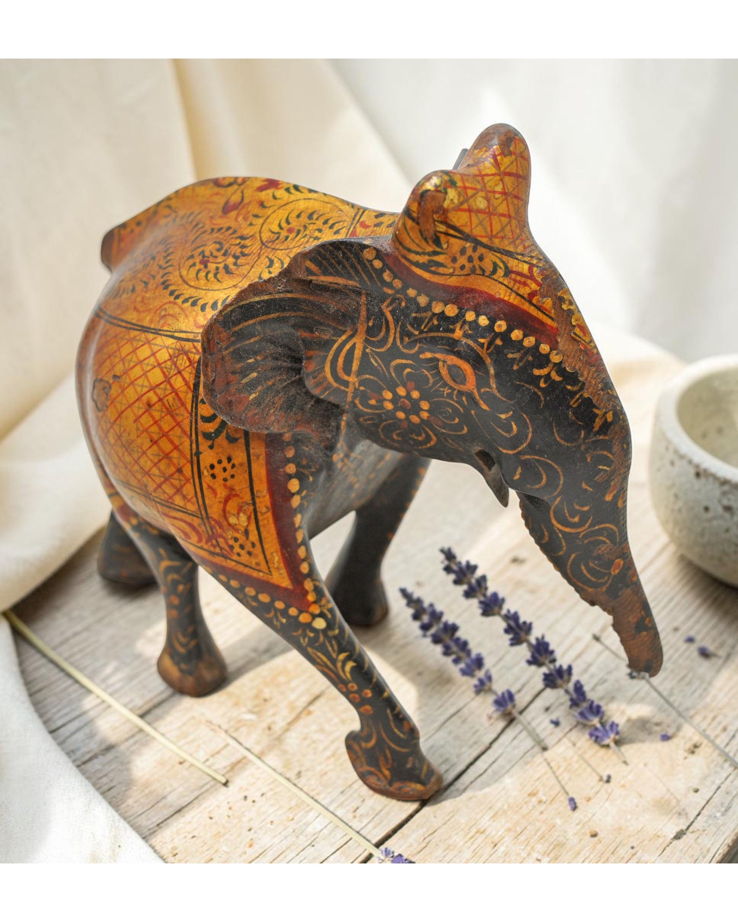 Antique Wooden Elephant Figurine Original Old Very Fine Hand Carved Painted