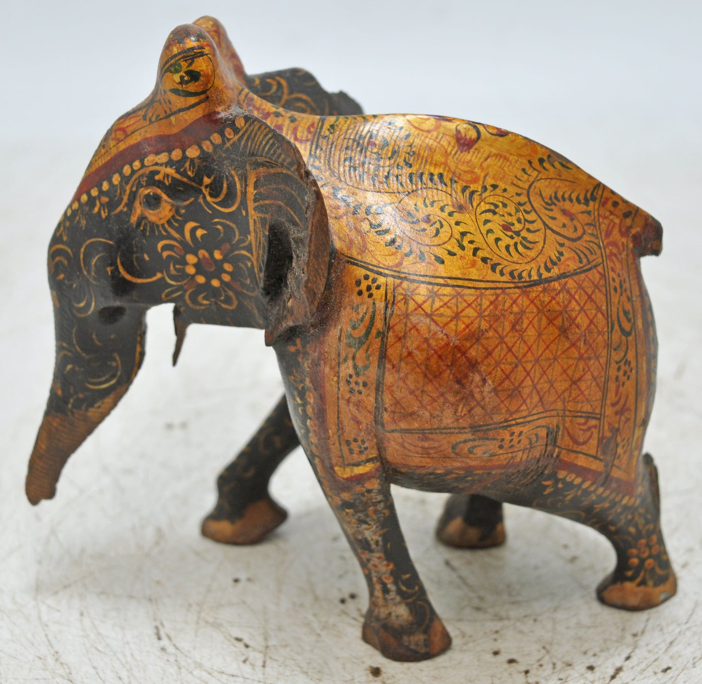 Antique Wooden Elephant Figurine Original Old Very Fine Hand Carved Painted