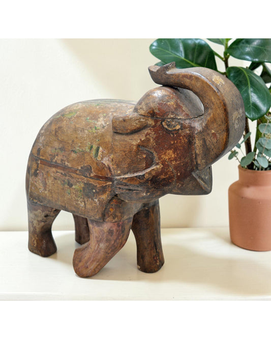 Vintage Wooden Elephant Figurine Original Old Hand Carved