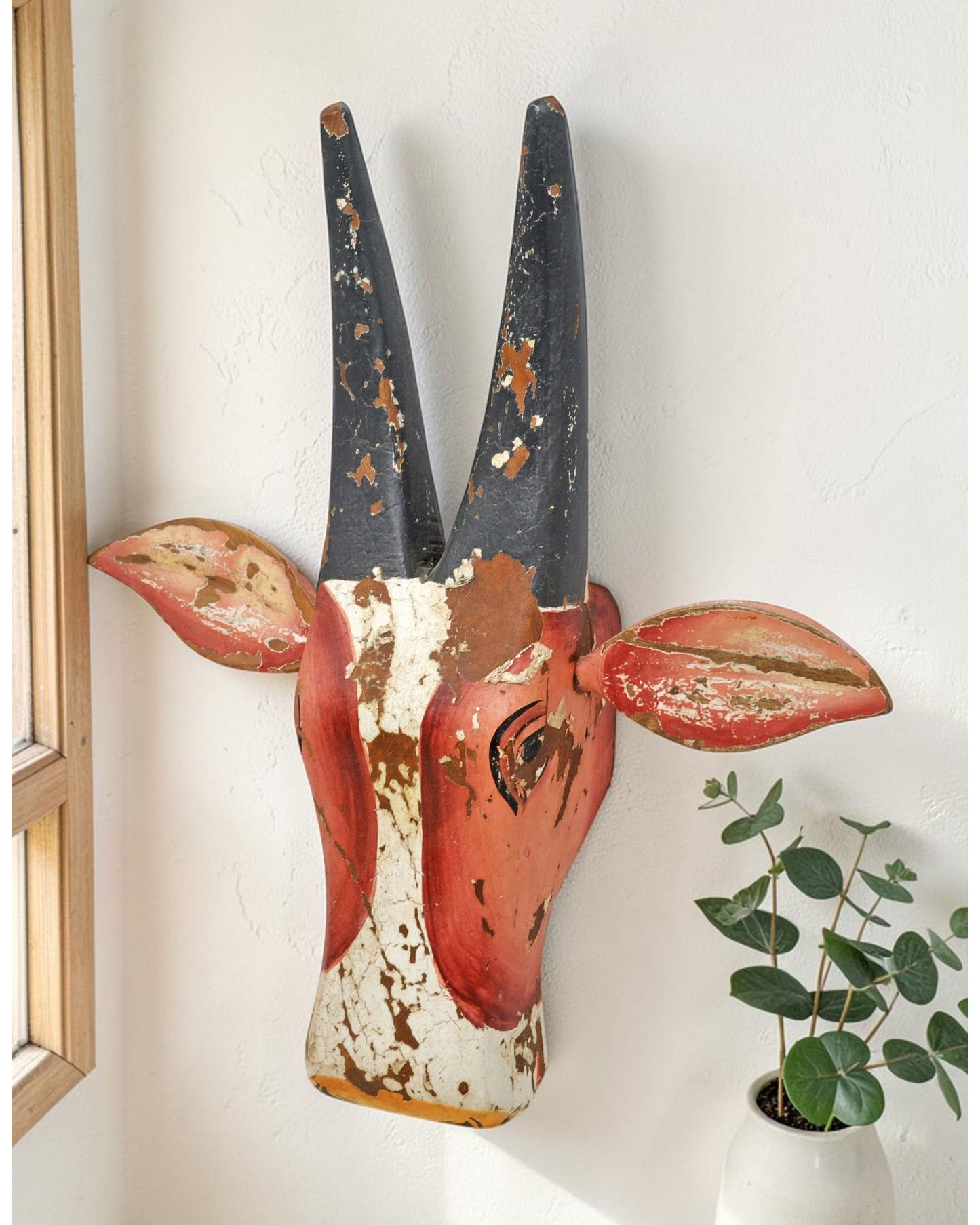 Hand Carved Wooden Cow Bull Head Bust Figurine Wall Decor Fine Rustic Hand Painted
