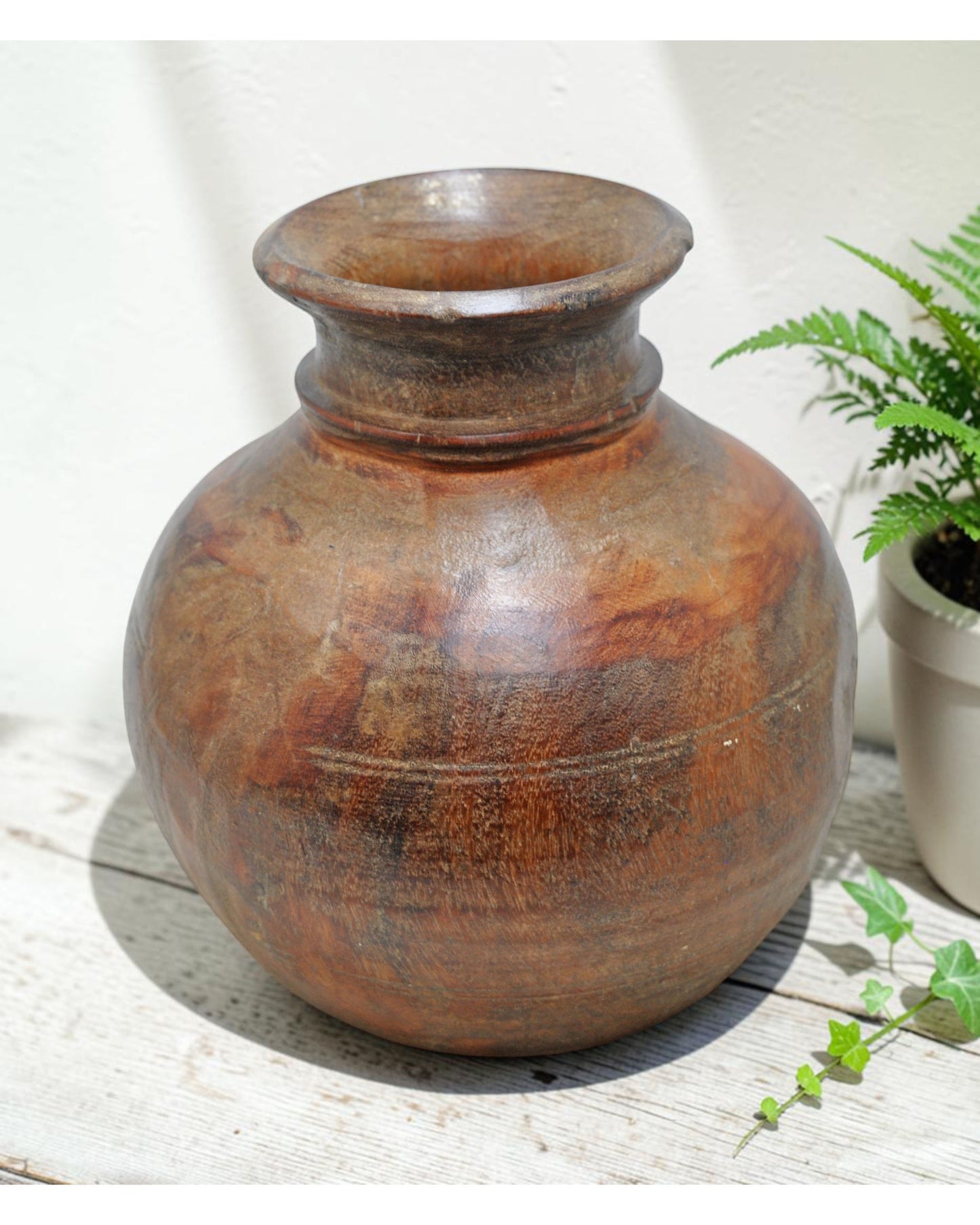 Antique Wooden Round Himalayan Water Pot Matka Original Old Fine Hand Carved