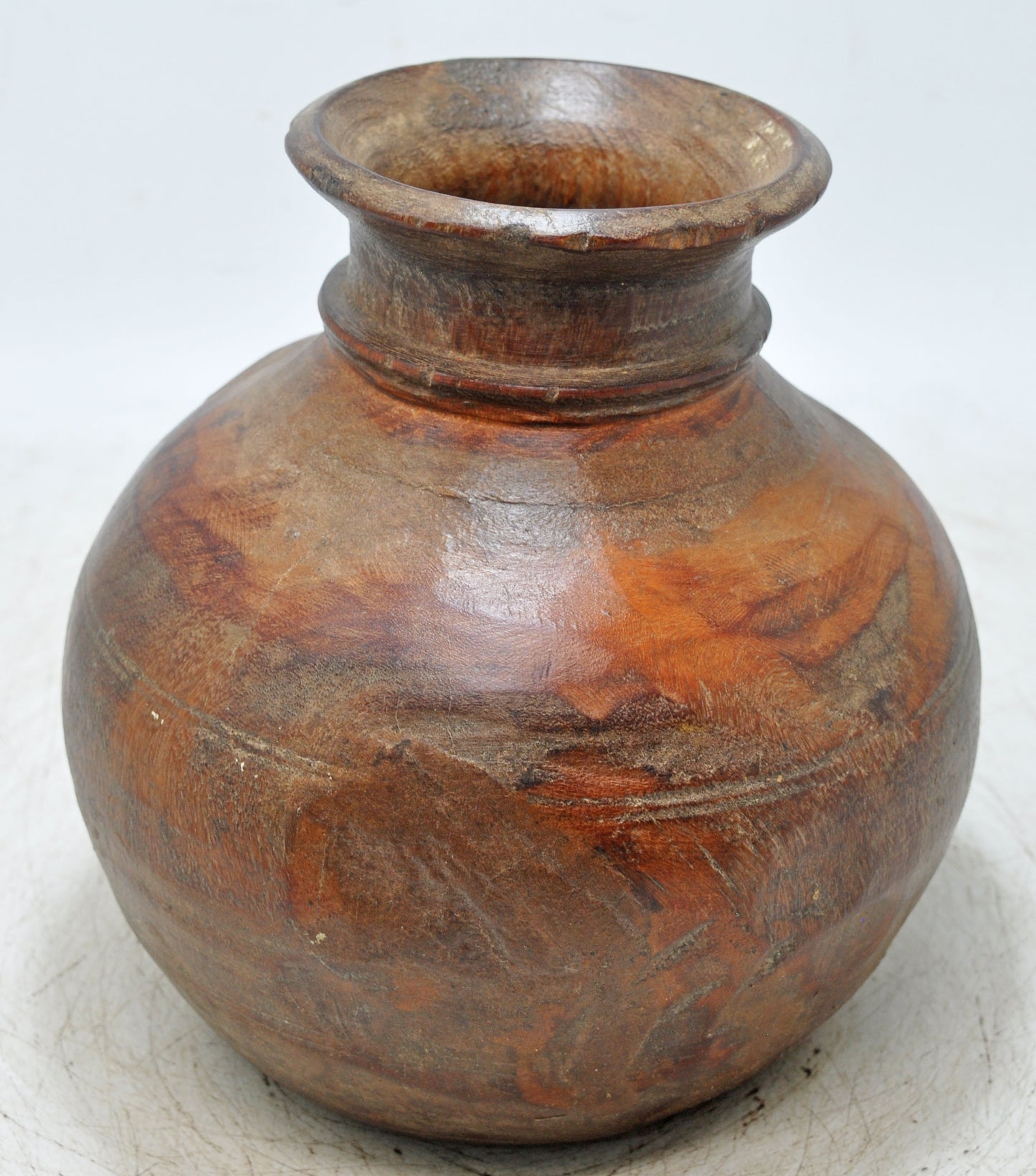 Antique Wooden Round Himalayan Water Pot Matka Original Old Fine Hand Carved