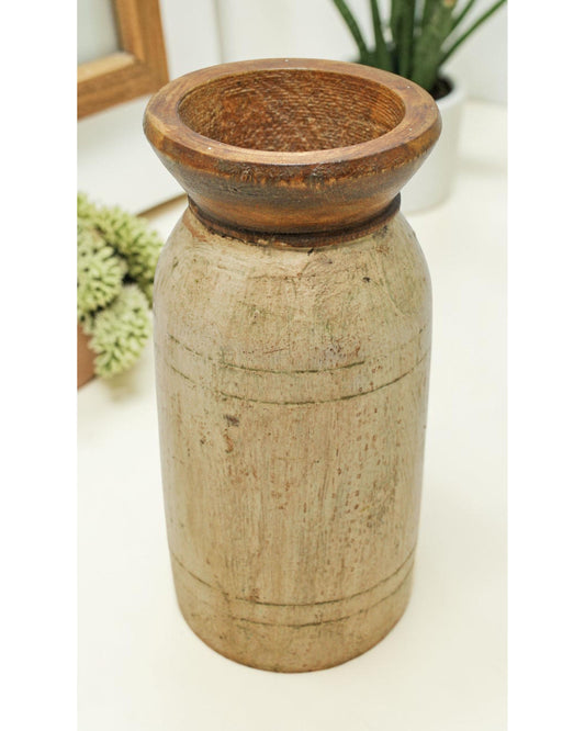 Antique Wooden Round Himalayan Water Pot Matka Original Old Fine Hand Carved