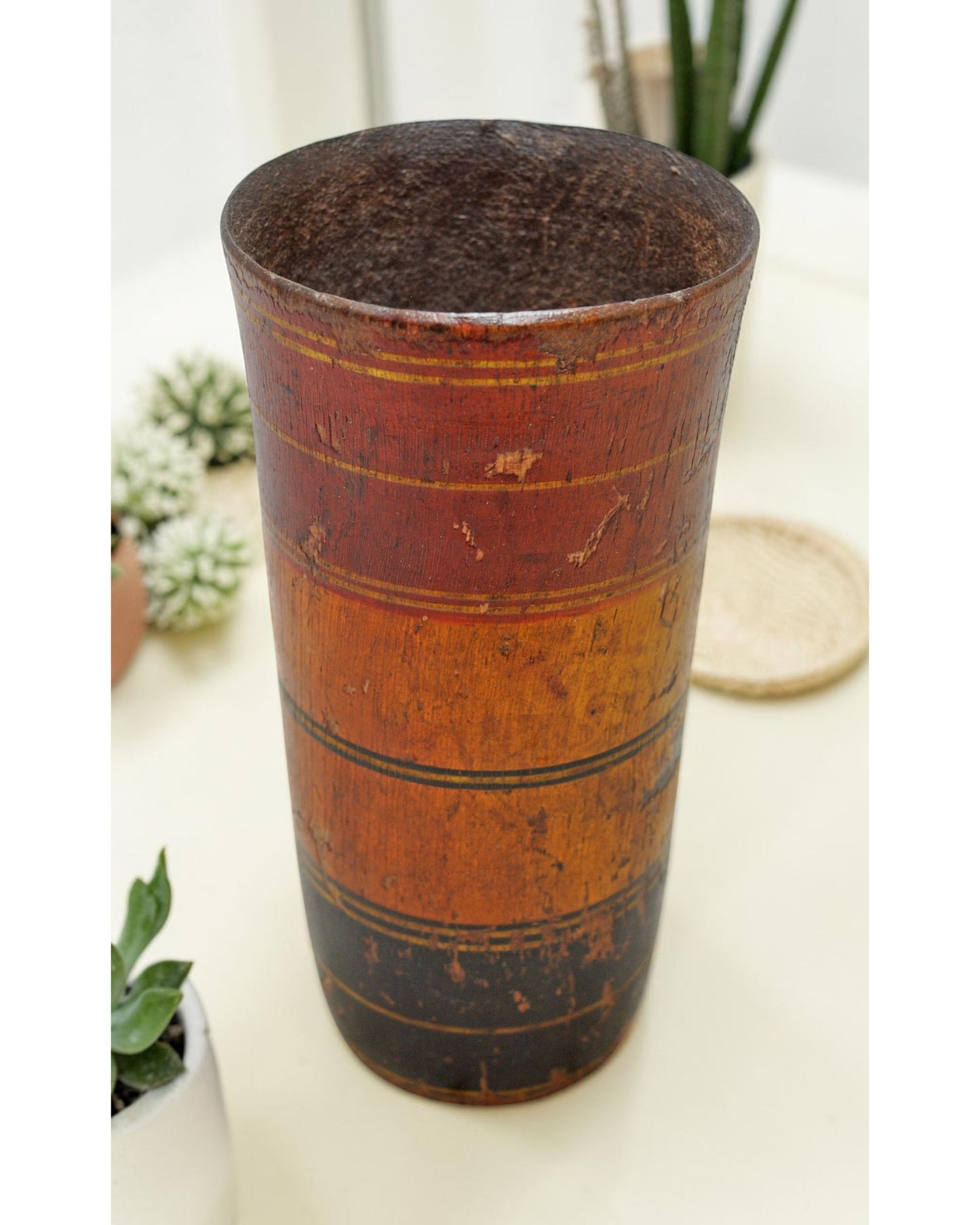 Antique Wooden Kitchenware Glass Cup Original Old Hand Carved Lacquer Painted