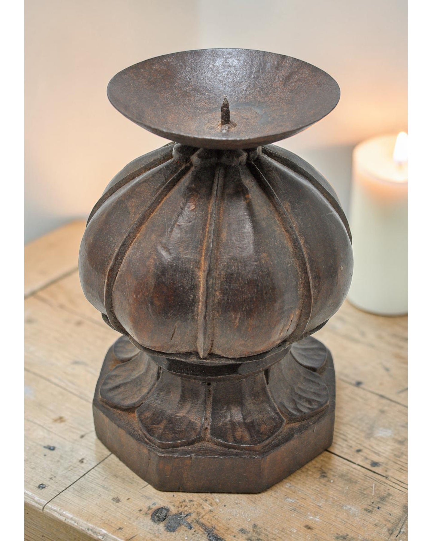 Antique Wooden Small Candle Holder Stand Original Old Hand Carved