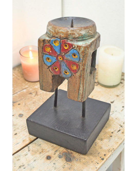 Antique Wooden Paga Candle Holder Stand Original Old Hand Carved Painted