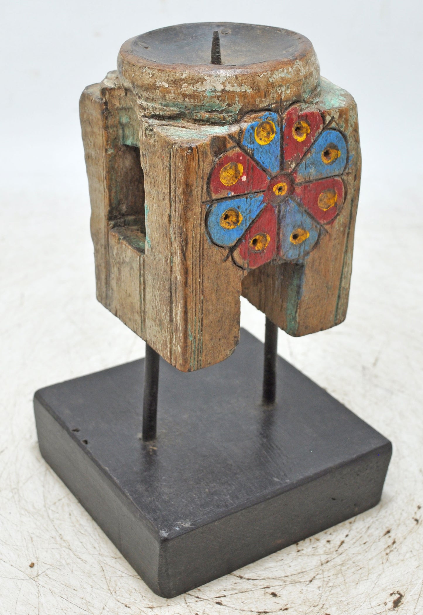 Antique Wooden Paga Candle Holder Stand Original Old Hand Carved Painted