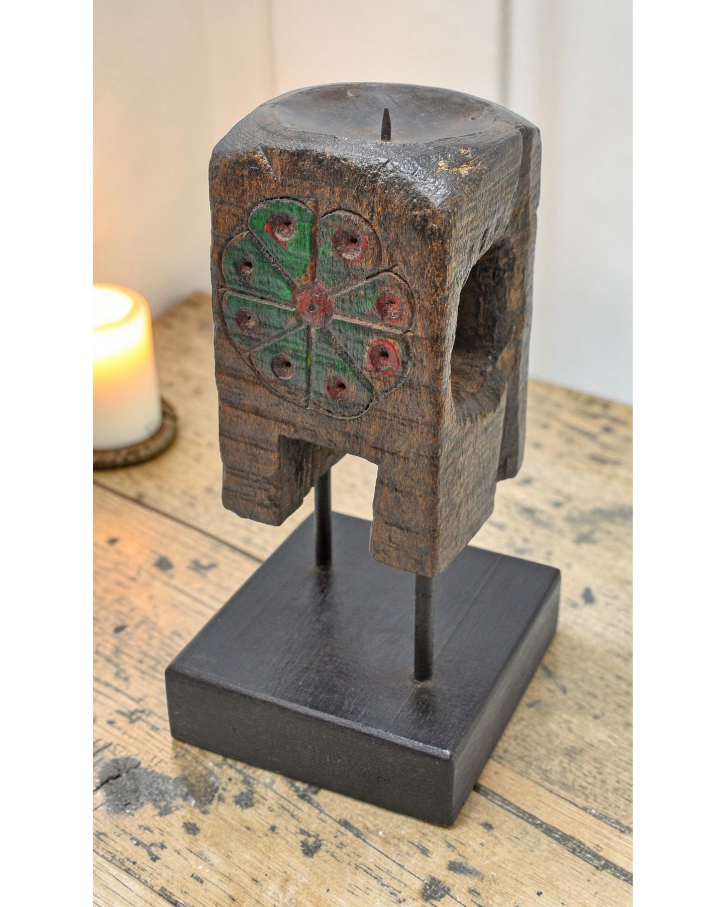 Antique Wooden Paga Candle Holder Stand Original Old Hand Carved Painted