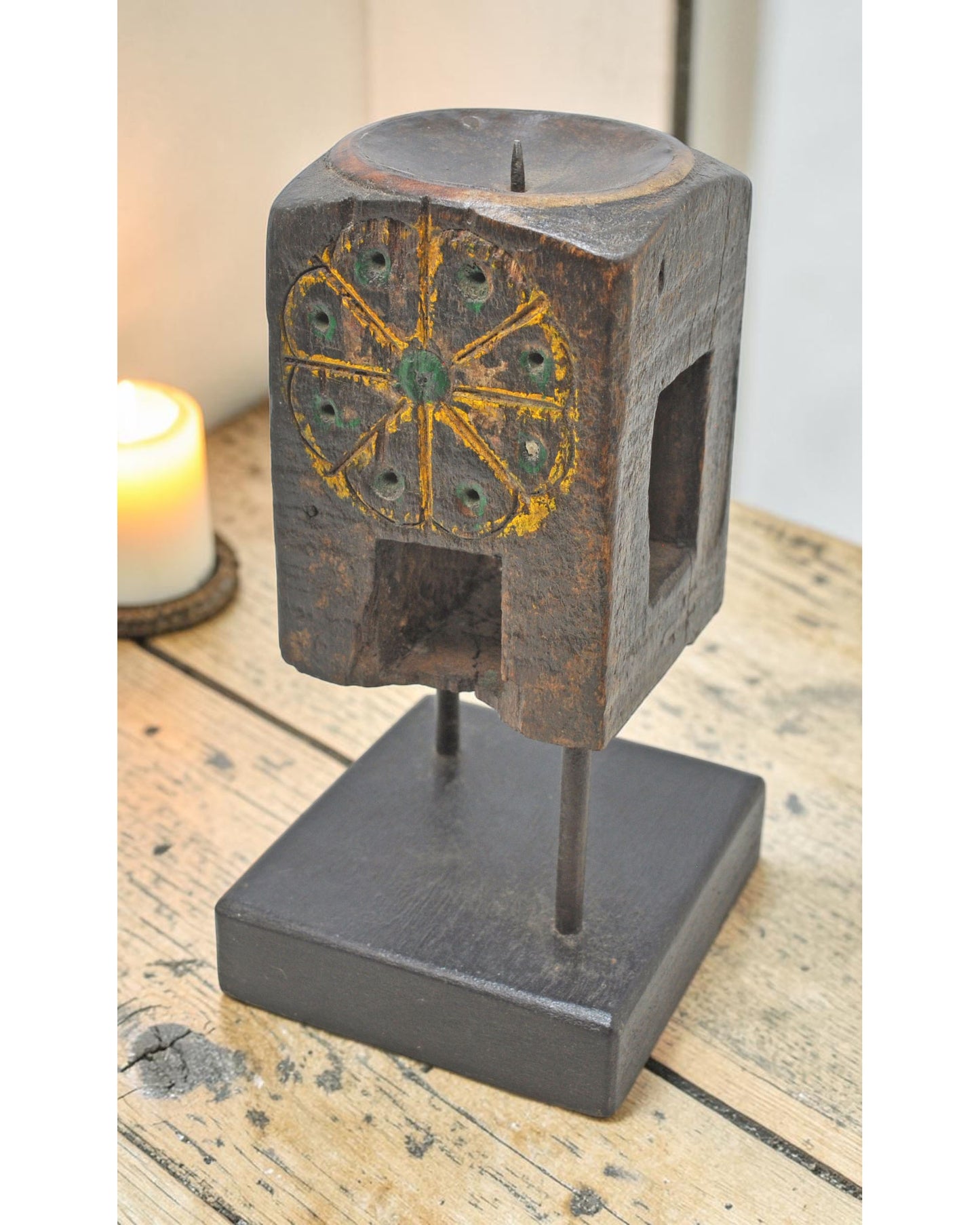 Antique Wooden Paga Candle Holder Stand Original Old Hand Carved Painted