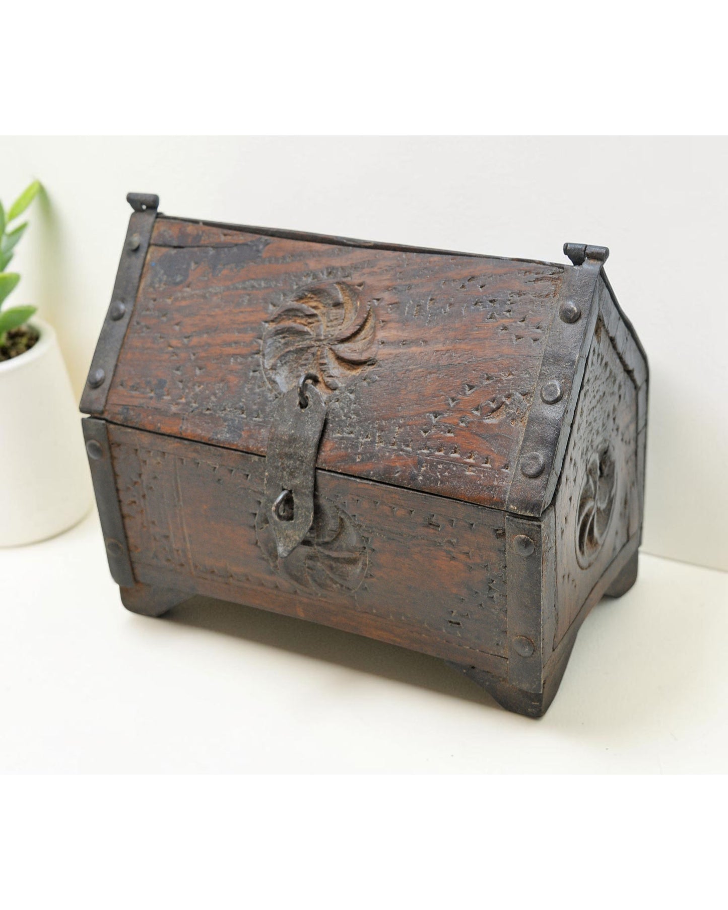 Vintage Wooden Dome Shaped Storage Box Original Old Hand Crafted Carved