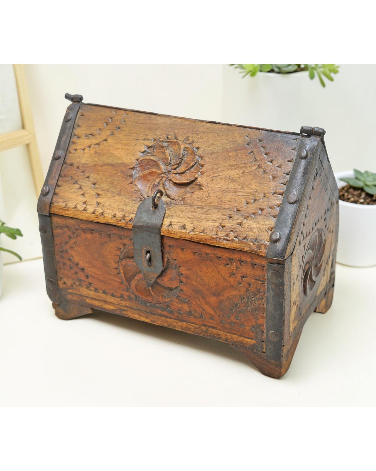 Vintage Wooden Dome Shaped Storage Box Original Old Hand Crafted Carved