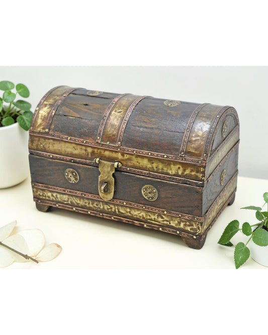 Vintage Wooden Half Round Top Small Storage Box Original Old Brass Fitted