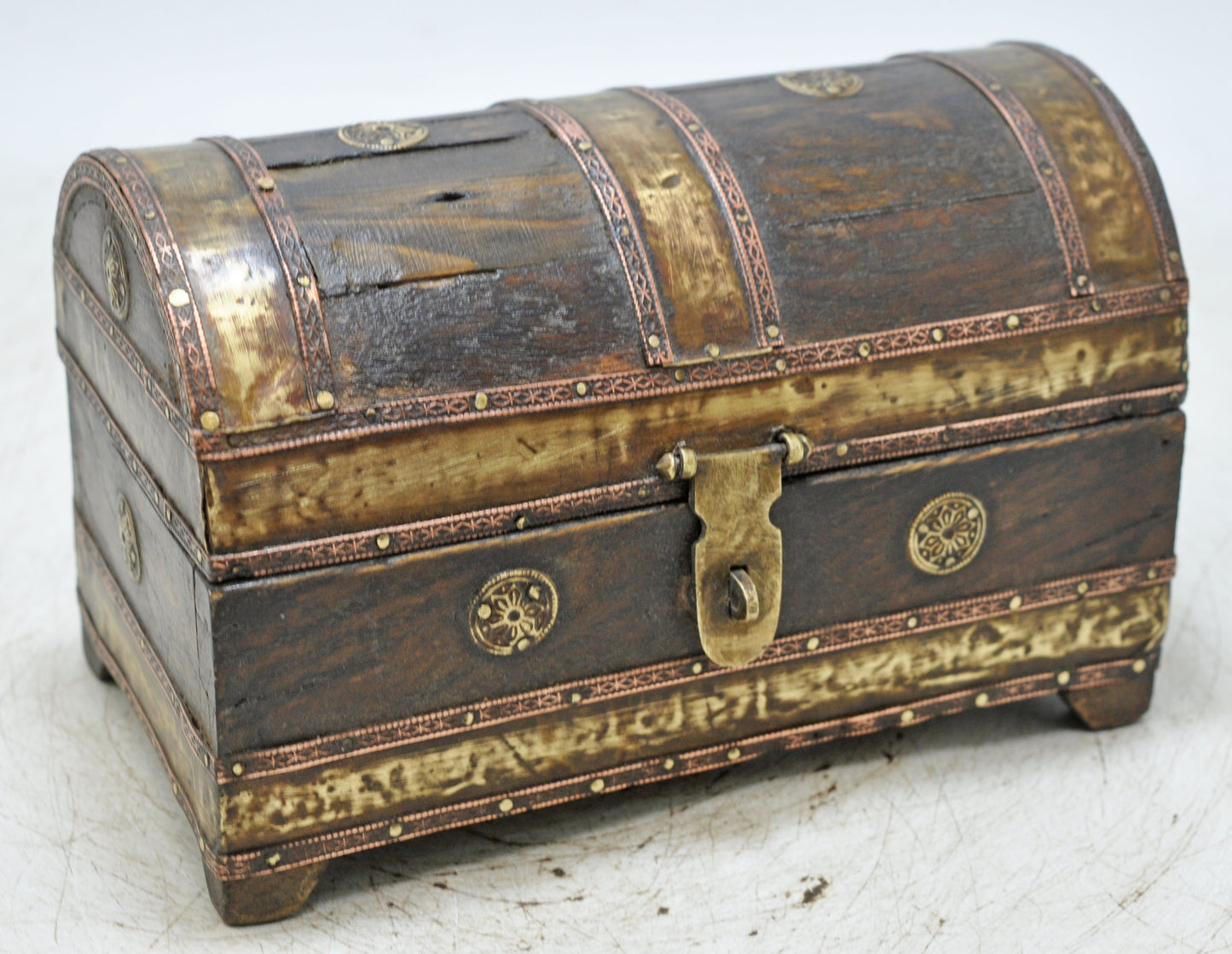 Vintage Wooden Half Round Top Small Storage Box Original Old Brass Fitted