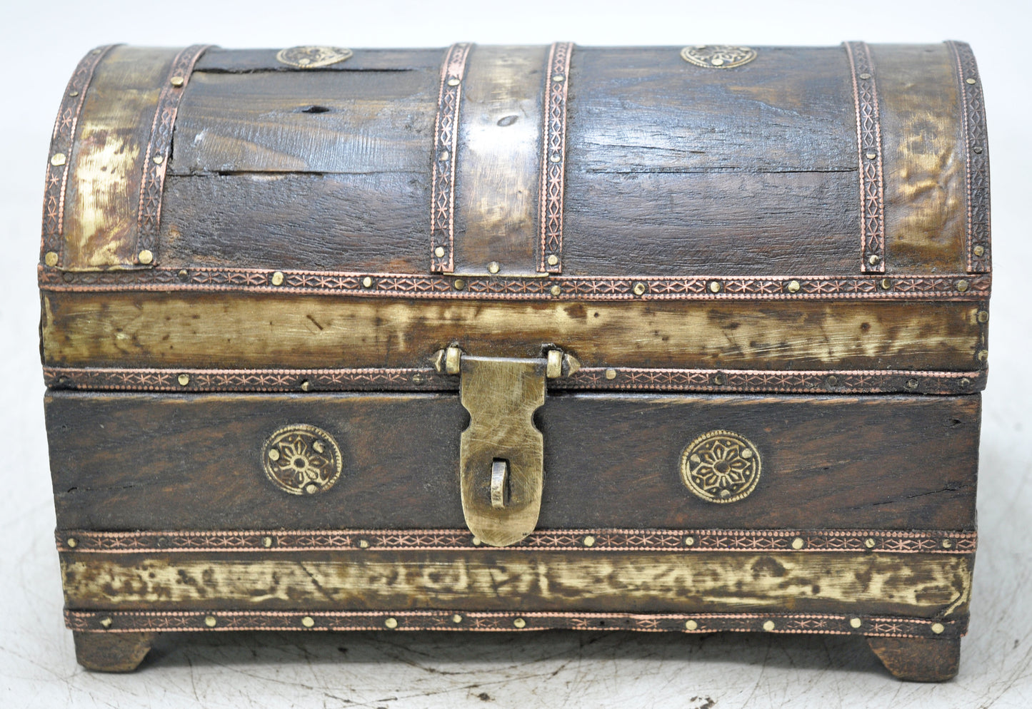 Vintage Wooden Half Round Top Small Storage Box Original Old Brass Fitted