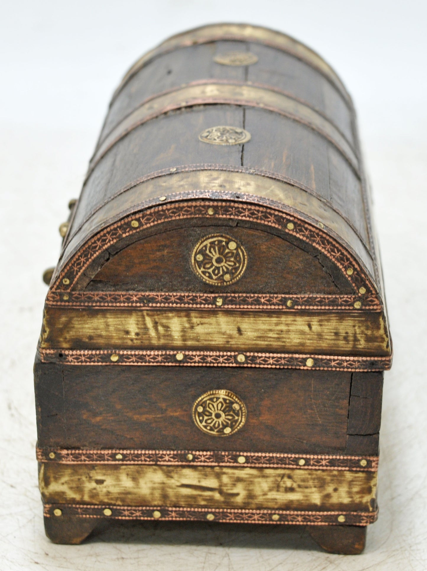 Vintage Wooden Half Round Top Small Storage Box Original Old Brass Fitted