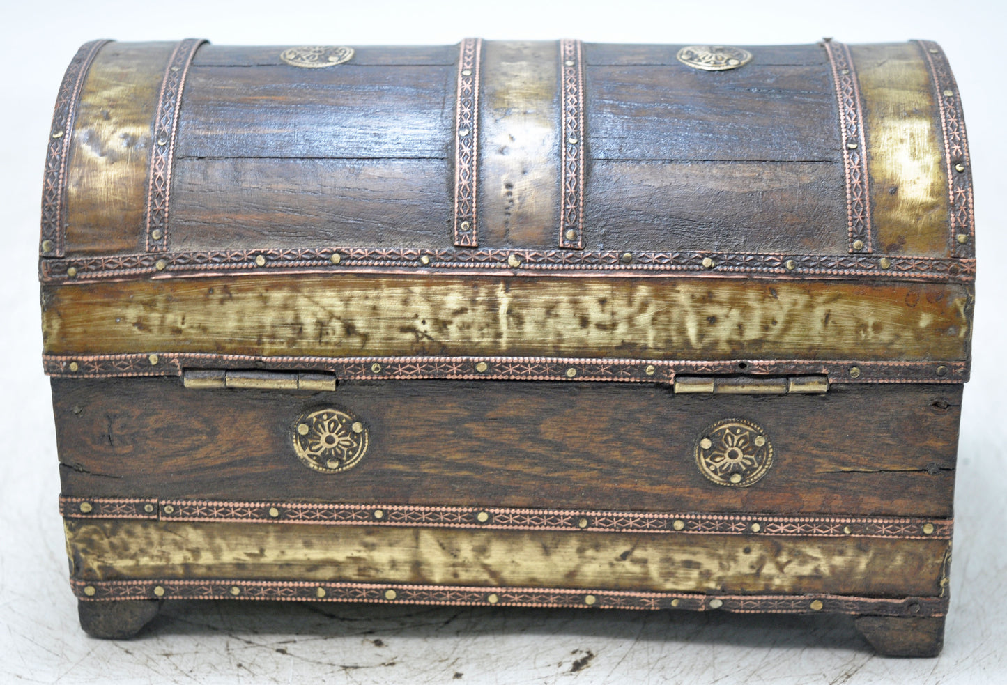 Vintage Wooden Half Round Top Small Storage Box Original Old Brass Fitted