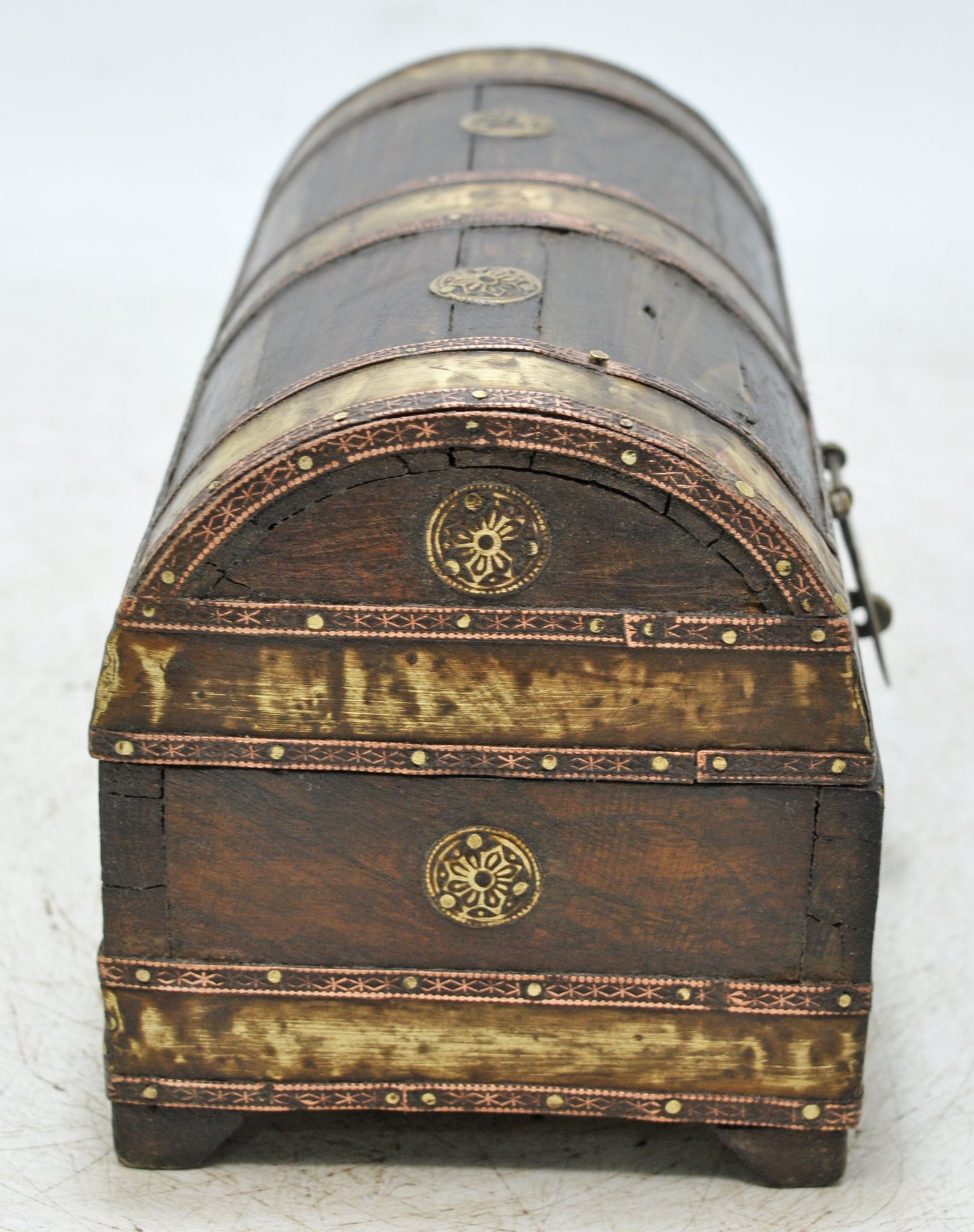 Vintage Wooden Half Round Top Small Storage Box Original Old Brass Fitted