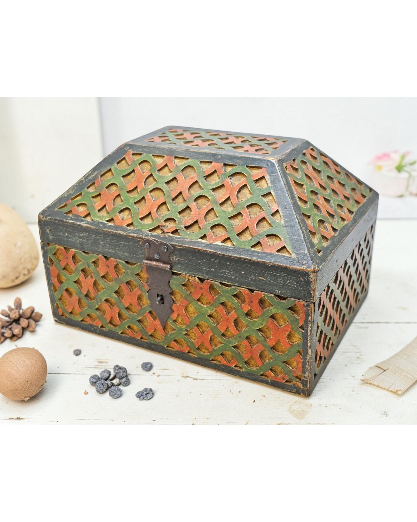 Vintage Wooden Dome Shaped Large Storage Box Original Old Fine Carved Polychrome