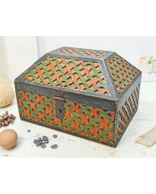 Vintage Wooden Dome Shaped Large Storage Box Original Old Fine Carved Polychrome
